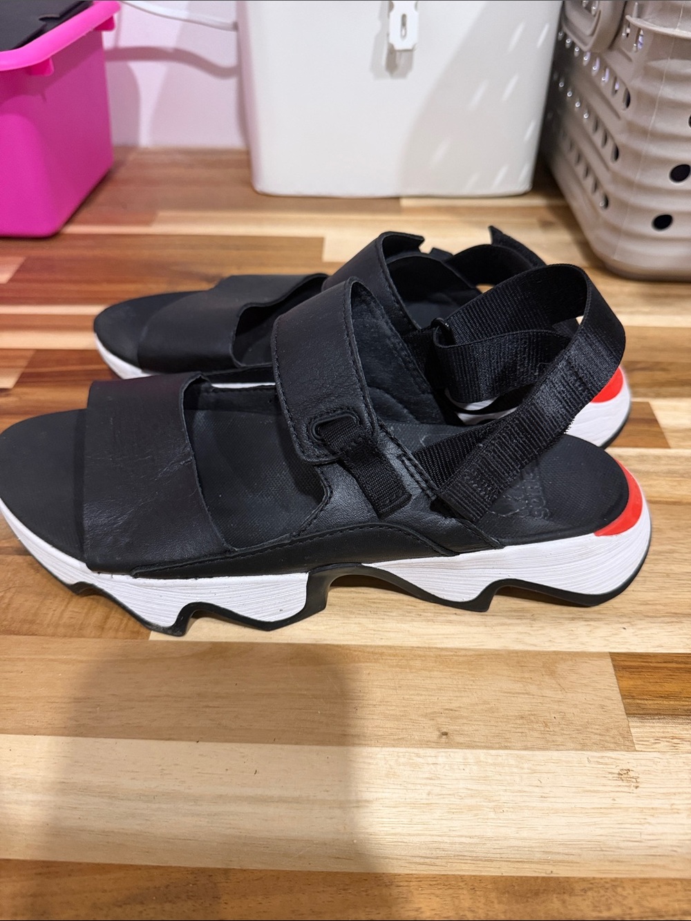 Sorel Black Sport Sandals with Red Heel Accent